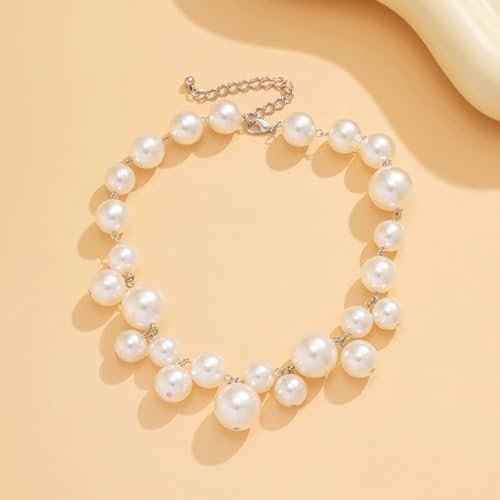 Faux Pearl Necklace for Women Big Pearl Necklace Chunky Pearl Necklace Exaggerated Large Pearl Choker Necklace Dainty Statement Bride Wedding Jewelry Gifts (silver)