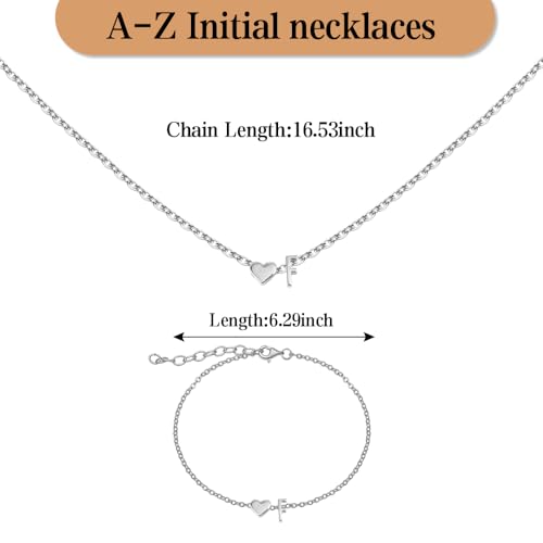 Gold Bracelets For Women Heart Initial Letter Pendant Necklace and Bracelet Set Personalized Jewelry Sets for Women Birthday Gifts for Mom Her Daughter Initial Necklace 14K Silver Plated - style: Silver-F