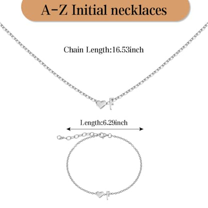 Gold Bracelets For Women Heart Initial Letter Pendant Necklace and Bracelet Set Personalized Jewelry Sets for Women Birthday Gifts for Mom Her Daughter Initial Necklace 14K Silver Plated - style: Silver-F