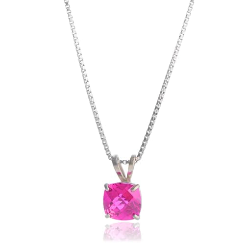 MAX + STONE 925 Sterling Silver Cushion Cut Birthstone Necklace for Women | 6mm Hypoallergenic Solitaire Necklace | Gemstone Pendant Necklaces with 18 inch Box Chain - color: Created Pink Sapphire