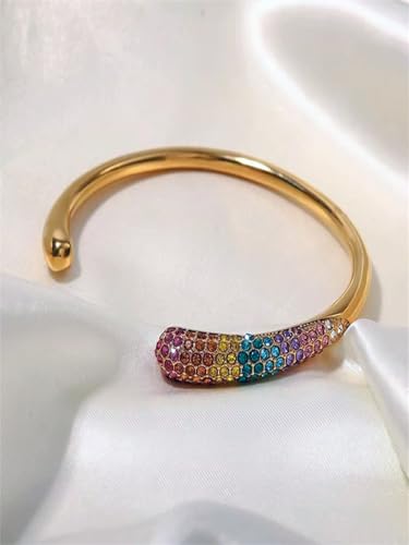Adjustable Open-Cuff Bracelet for Women – Stainless Steel Gold Bangle with Colorful Rhinestones, Layering Accessory