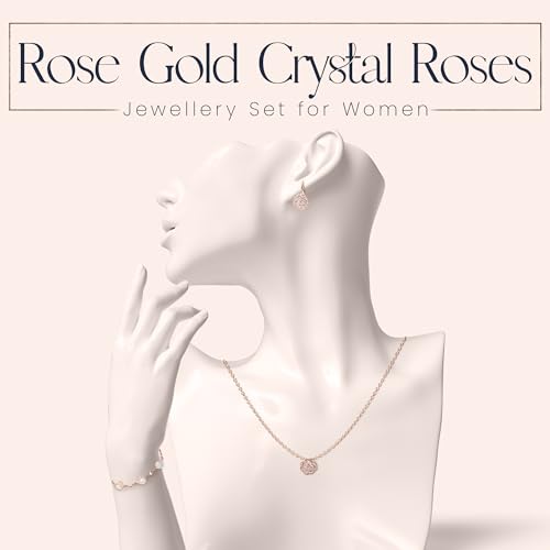 Women 18K Gold Plated White Crystal Roses Flower Set Necklace Earrings Bracelet for Women Wedding Party Bridal Bridesmaid Accessories - color: Rose gold