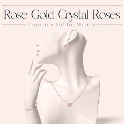 Women 18K Gold Plated White Crystal Roses Flower Set Necklace Earrings Bracelet for Women Wedding Party Bridal Bridesmaid Accessories - color: Rose gold