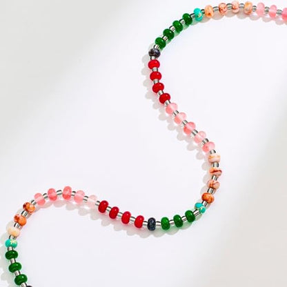 Colorful Beaded Choker Necklaces for Women | Large Natural Stone Bead, Boho Beach Necklace, Trendy Jewelry Gifts, 4 Style, 16+3 in - color: 02-Colorful-Red