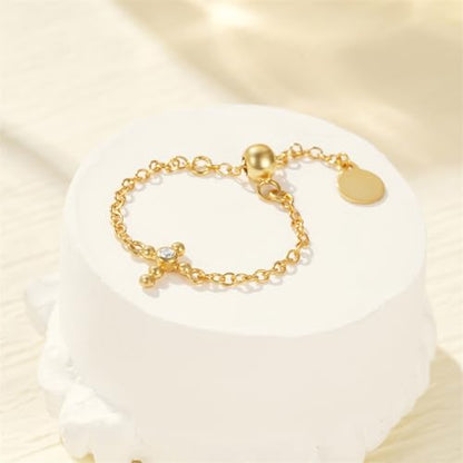 925 Sterling Silver Adjustable Link Chain Rings for Women Daughter | Dainty 14k Gold Plated Evil Eye/Cross/Flower Ring Sparkly Twist Rope with Bead Dangle Stackable Ring Jewelry Birthday Gifts - color: Style 8-Gold
