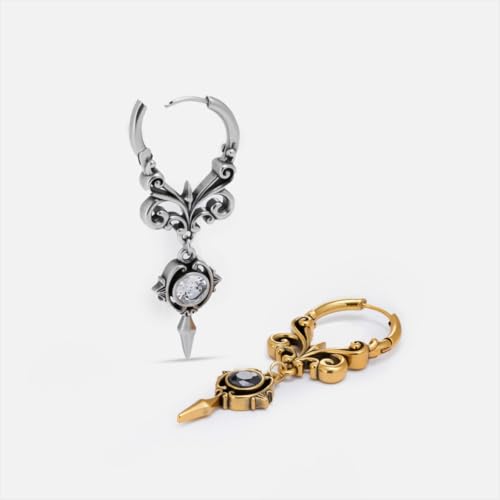 PUNKYOUTH Gothic Crest Dangle Drop Hoop Earrings Dark Alternative Piercing Jewelry 18G 1mm Antique Finish Ornate Scroll Cubic Zirconia Spike Statement Everyday Wear Accessories For Women Men - color: Crest earring-Silver