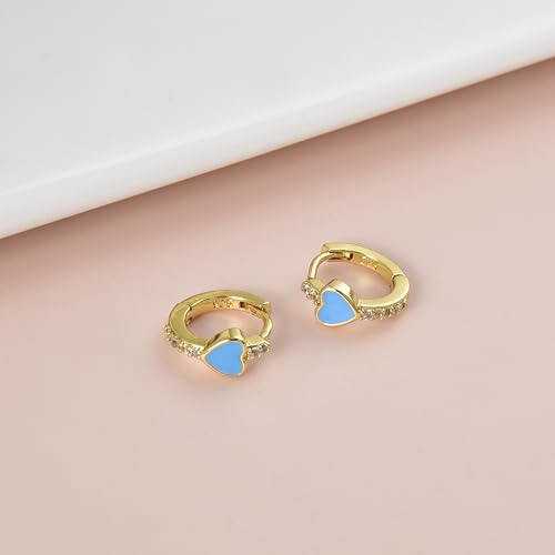 Enamel Heart Huggie Hoop Earrings with Cubic Zirconia Silver Small Hinged Hoops for Women - color: Heart Light Blue Enamel