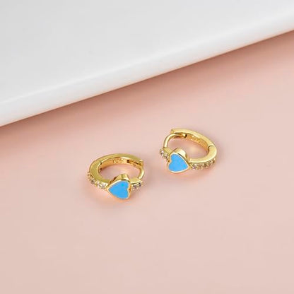 Enamel Heart Huggie Hoop Earrings with Cubic Zirconia Silver Small Hinged Hoops for Women - color: Heart Light Blue Enamel