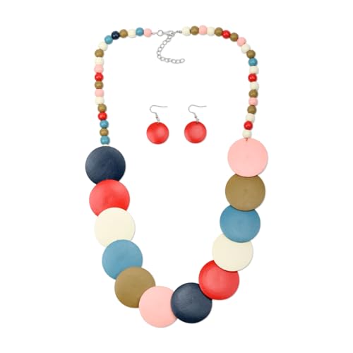 Colorful Wood Bead Necklace Earrings Set for Women Boho Jewelry | Multi Layers Statement Big Vintage Bib Female Chunky African Ethnic Pendant Rainbow Long Tribal Jewelry - color: NXR1496-colorful