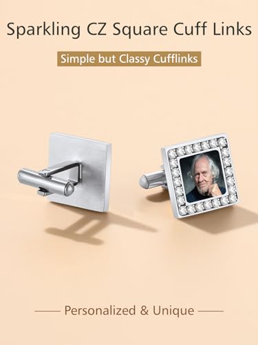 FindChic Stainless Steel Round Cufflinks with Custom Text/Picture/Monogram Letters 18K Gold Plated/Black Color for Men Groom Suits Shirts, with Gift Box - style: 02. CZ custom photo-square (stainless steel)