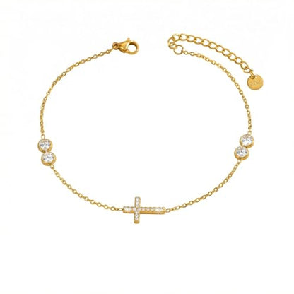 NONAMOIS 18K Gold Plated Diamond Ankle Bracelets for Women Waterproof Gold CZ Pearl Bow Link Chain Anklets Non Tarnish Summer Beach Foot Jewelry Gifts - color: 4CZ &CZ Cross-Gold