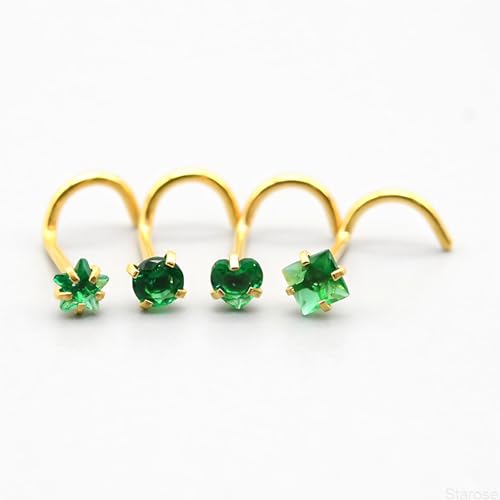 8 Pcs-Pack, Crystal Nose Studs, 20G Stainless Steel, 3mm Zircon, Multiple Shapes Zircon Labret Nose Piercing Ear Jewelry - color: Green