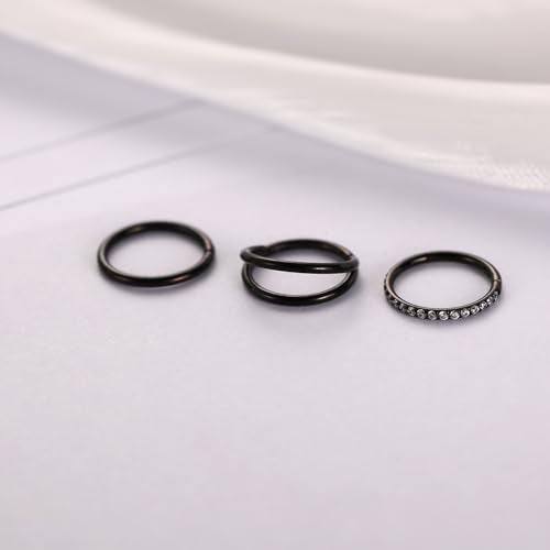 PEAKLINK 3pcs Double Nose Rings Double Nose Hoops 316L Surgical Steel Cartilage Earrings 20G/18G/16G Septum Rings Conch Piercing Helix Lip Rook Daith Tragus Pierxing Jewelry 6mm to 12mm - color: Black