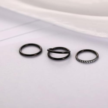 PEAKLINK 3pcs Double Nose Rings Double Nose Hoops 316L Surgical Steel Cartilage Earrings 20G/18G/16G Septum Rings Conch Piercing Helix Lip Rook Daith Tragus Pierxing Jewelry 6mm to 12mm - color: Black