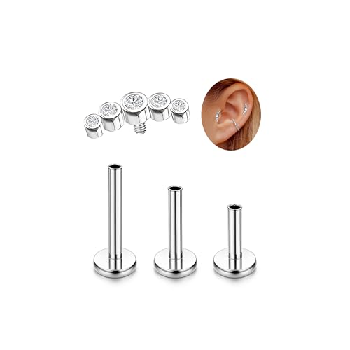 LOLIAS 16G G23 Titanium Tragus Conch Helix Piercing Jewelry 6mm 8mm 10mm - Internally Threaded Flat Back Stud Cartilage Earrings Hypoallergenic Forward Earlobe Labret Tragus Piercing Jewelry - color: 5 CZ-Titanium