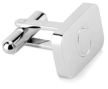 18K White-Gold Plated Initial Engraved Stainless Steel Men’s Cufflinks With Gift Box -Personalized Alphabet Letter’s A-Z By Lux & Pair - style: C- White Gold
