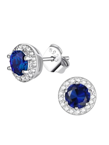 FindChic Birthstone Earrings for Women, Round/Heart/Square/Teardrop Earrings with 925 Sterling Silver Posts & Push Backs, Hypoallergenic Studs with Cubic Zirconia, 12 Months Jewelry with Gift Box - style: 09. September-Sapphire (Round)