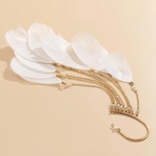 Feather Earrings for Women Ear Cuffs Long Tassel Boho Clip Earrings Red White Non Piercing Earring Statement Jewelry Birthday Prom Jewelry Gifts - color: A1:white tassel feather ear clips