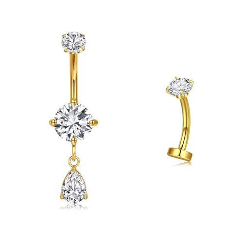 VCMART Belly Button Ring Belly Button Piercing Belly Rings Dangle Belly Button Rings Surgical Steel Clicker Floating Belly Button Rings for Women 14G Silver Gold Belly Navel Piercings Jewelry - color: C3 -2pcs, gold