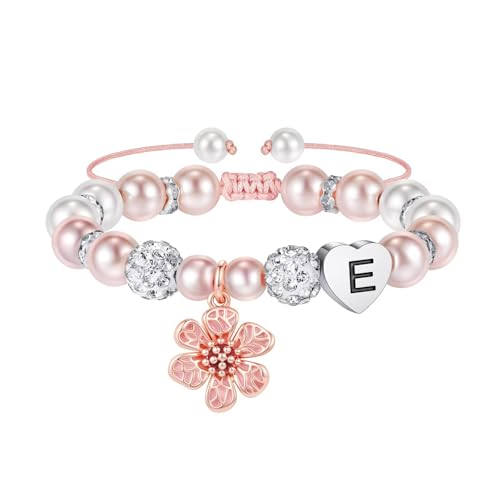 MONOOC Flower Charm Bracelet for Girls Kids - Birthday Gifts for Kids Girls | Gift Box Packaging, Flower Girl Gift，Adjustable Length， Pink Beaded Bracelet for Teen Girls Kids，Unique Initial Bracelet - color: E