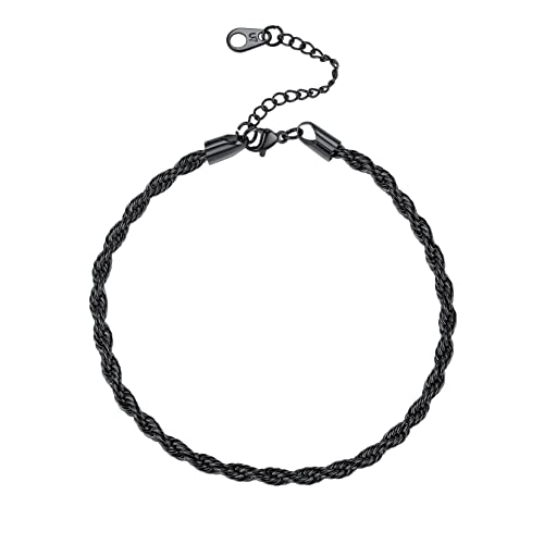 U7 Ankle Bracelets for Women Stainless Steel Waterproof Tarnish Resistant | 18K Gold Plated/Silver/Rose Gold Anklets, Cuban Chain Anklet Bracelets, Perfect for Summer Beach and Vacation Outfits - color: Black-3mm-Rope Chain