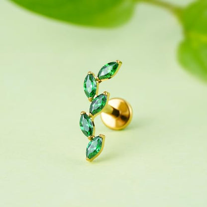 FINE4U 16G CZ Cluster Climber Cartilage Earring for Helix, Tragus - ASTM F136 Titanium Triple Marquise Labret Stud, Screw on Nickel Free Flat Back Jewelry - color: Five Marquise - Green CZ - Gold