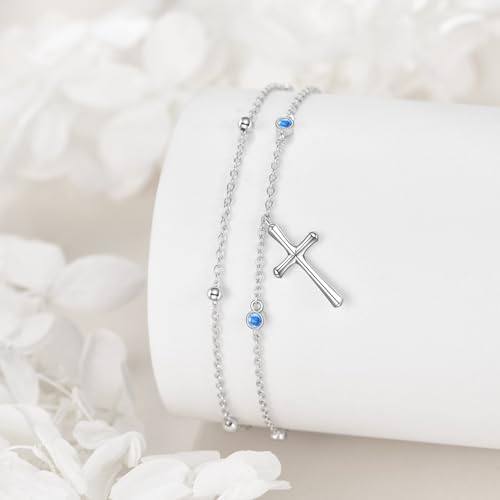 LUHE Cross Ankle Bracelets Sterling Silver Religius Double Chain Anklets Christian Baptism Layered Anklet Jewelry Gifts for Women - style: Simple cross anklet