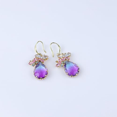 Crystal Teardrop Earrings CZ Butterfly Earrings Gold Dangle Earrings Jewelry Gift for Women - color: Purple..
