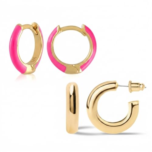 14K Gold Plated Sterling Silver Enamel Color Huggie Hoop Earrings for Women – Wide Range of Vibrant Color Options Available - color: Neon Pink 2pc Bundle