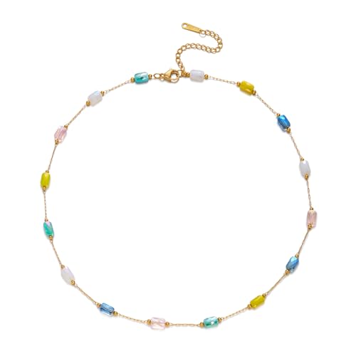 RINHOO Dainty Beaded Necklace for Women 18K Gold Plated Stainless Steel Colorful Blue Pink Choker Boho Choker Necklace Jewelry Gift for Women - color: Style 1-Colorful