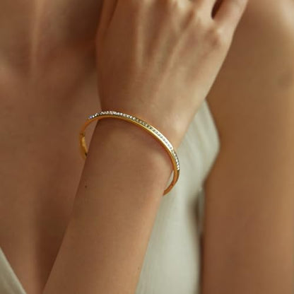 Gold Bracelets for Women, 18K Gold Plated Cubic Zirconia Bangle Bracelets Stainless Steel Eternity Crystal Oval Bracelet Cuff Bracelets for Women Jewelry - color: Half CZ Bangle-Gold