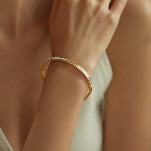 Gold Bracelets for Women, 18K Gold Plated Cubic Zirconia Bangle Bracelets Stainless Steel Eternity Crystal Oval Bracelet Cuff Bracelets for Women Jewelry - color: Half CZ Bangle-Gold