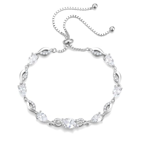 FANCIME Birthstone Teardrop Tennis Bracelet for Women, Sterling Silver 9x7mm main Gemstone Bolo Adjustable Chain Bracelet Fine Jewelry Birthday Gifts for Women Mom Wife Her - color: 04-CZ
