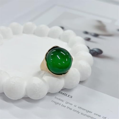 OIDIMS Green Cat Eye Stone Statement Ring for Women 18k Gold-Tone Plated Stainless Steel Geometric Round Gemstone Rings Wedding Knuckle Middle Finger Band Fashion Jewelry Comfort Fit Cocktail Party
