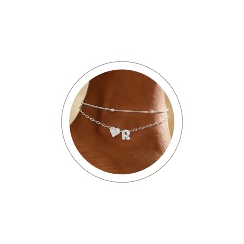 KeyStyle Heart Initial Ankle Bracelets for Women, Layered CZ A-Z Letter | 14K Gold Plated or Silver Stainless Steel Anklet, Hypoallergenic Waterproof Layered Jewelry for Daily Wear & Special Gifts - color: Silver-R