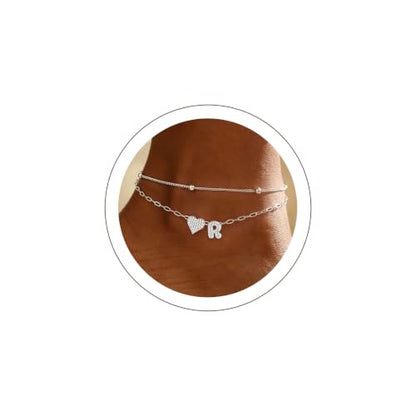 KeyStyle Heart Initial Ankle Bracelets for Women, Layered CZ A-Z Letter | 14K Gold Plated or Silver Stainless Steel Anklet, Hypoallergenic Waterproof Layered Jewelry for Daily Wear & Special Gifts - color: Silver-R