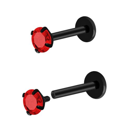 16G 18G Titanium Internal Thread CZ Stud Earrings Flat Back, Silver Black Tragus Helix Conch Cartilage Piercing Jewelry for Women Men 6mm 8mm 10mm Labret Studs 2PCS - color: Black, 16g, 10mm bar, 4mm Red CZ