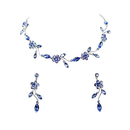 Faship Gorgeous Rhinestone Crystal Floral Necklace Earrings Set - color: Blue