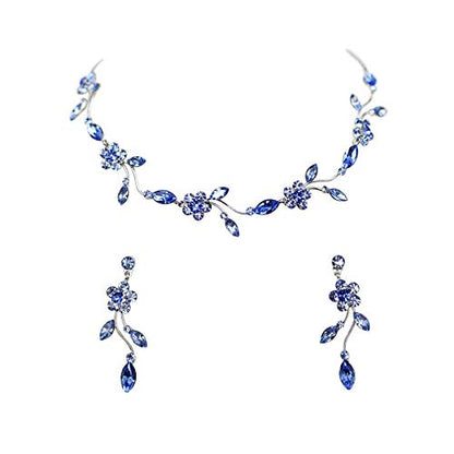 Faship Gorgeous Rhinestone Crystal Floral Necklace Earrings Set - color: Blue