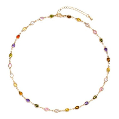 Colorful Necklace for Women,14K Gold Plated Chain With Crystal Necklace Womens Statement Cute Trendy Surfer Beach Choker Necklaces Gifts - color: Colorful Teardrop