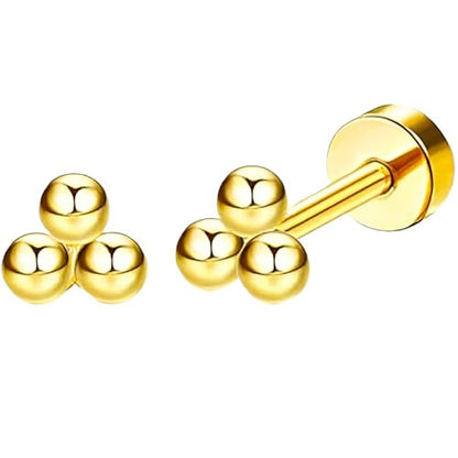 Stainless Steel Stud Earring 1 Pair Gold Flatback Earrings Hypoallergenic Screwback Jewellery Flat Back Helix Jewelry for Sensitive Ears Women Ladies Aretes De Mujer - style: Bead