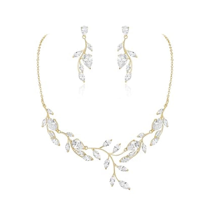 Cubic Zirconia Leaf Vine Wedding Jewelry Set for Bride Women Bridesmaid | Pear-Shaped Birthstone, Necklace Dangle Earrings for Bridesmaid, Silver-Plated-Brass - color: 2pcs_White Gold-Plated-Brass
