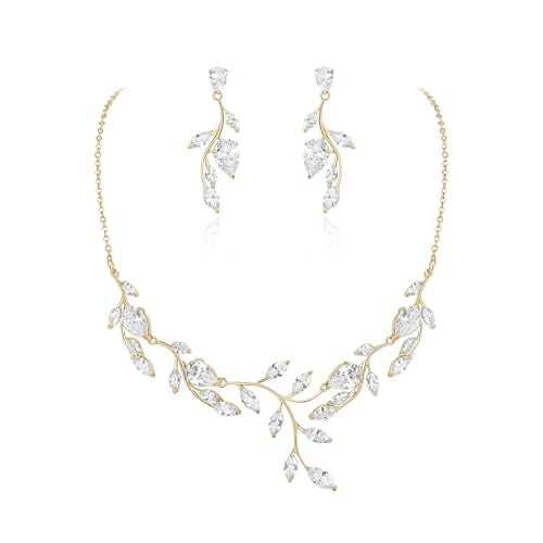 Cubic Zirconia Leaf Vine Wedding Jewelry Set for Bride Women Bridesmaid | Pear-Shaped Birthstone, Necklace Dangle Earrings for Bridesmaid, Silver-Plated-Brass - color: 2pcs_White Gold-Plated-Brass