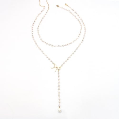 Layered Pearl Necklaces for Women 14K Gold Plated Trendy Faux Pearl Drop Y Necklace Dainty Pearl Choker Gold Layering Necklace,Jewelry Gift for Her,Mother,Wife,Girlfriend - style: Bow&Pearl Y Necklace