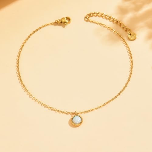 Opal Anklet for Women, 18K Gold Plated Stainless Steel Waterproof Adjustable Beach Ankle Bracelet with Gift Box, 5 Colors - color: White
