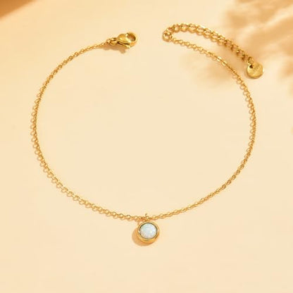 Opal Anklet for Women, 18K Gold Plated Stainless Steel Waterproof Adjustable Beach Ankle Bracelet with Gift Box, 5 Colors - color: White