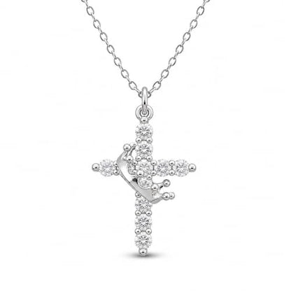 Cross Necklace for Women, Gold Plated Round Pendant with Cubic Zirconia - color: White Gold