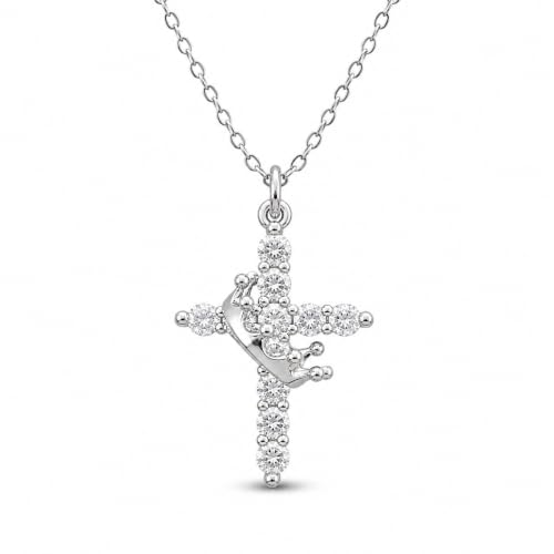 Cross Necklace for Women, Gold Plated Round Pendant with Cubic Zirconia - color: White Gold