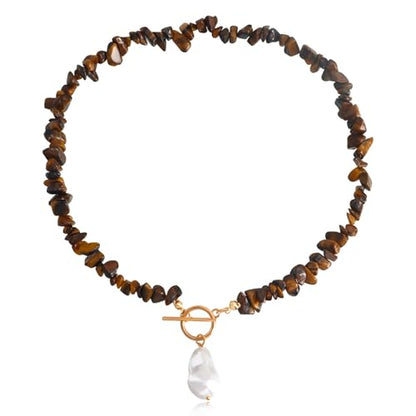 Bohemian Stone Pearl Choker Necklace for Women Dainty Natural Irregular Stone Choker Turquoise Beaded Lariat Necklace Simple Fashion OT Toggle Spiritual Handmade Jewelry - color: Brown