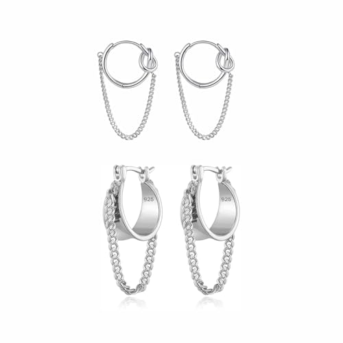 2 Pairs Gold/Silver Hoop Earrings For Women Set Trendy,14K Plated Gold Chunky Huggie Hoop Earings Pack,Oval Twisted Statement Silver Hoops,Fashion Jewelry Gift - color: 22) Silver chain hoops